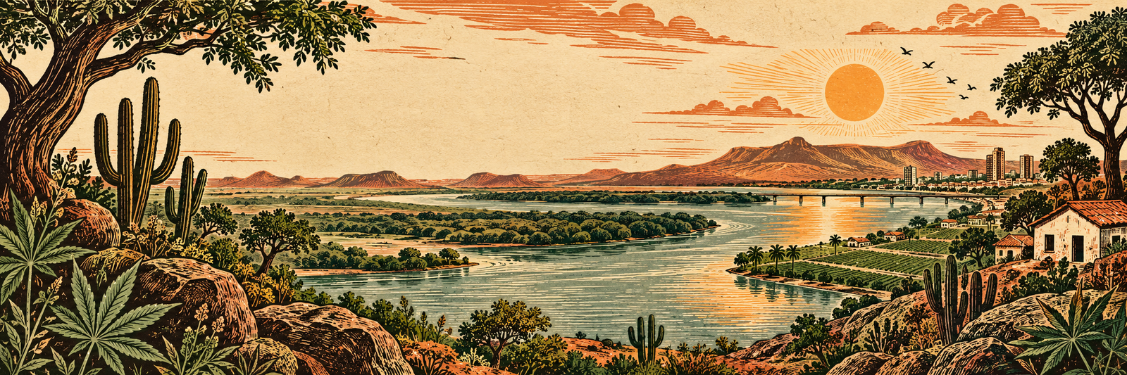 Ilustração em linguagem de cordel do Vale do São Francisco, com rio, caatinga e vegetação