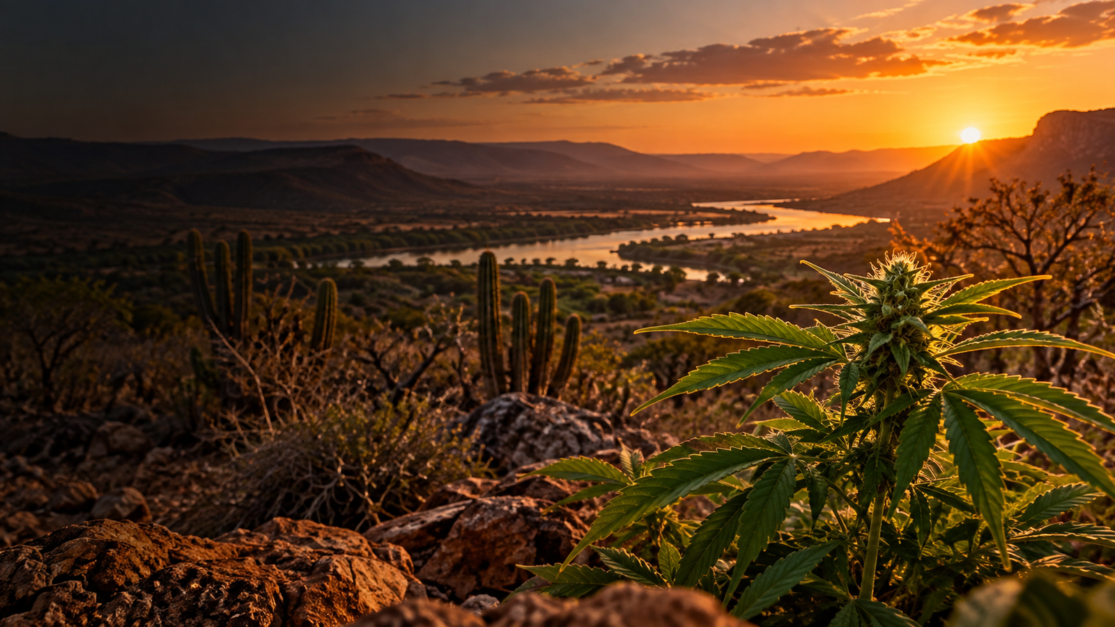 Paisagem do Vale do São Francisco ao entardecer com cannabis em primeiro plano