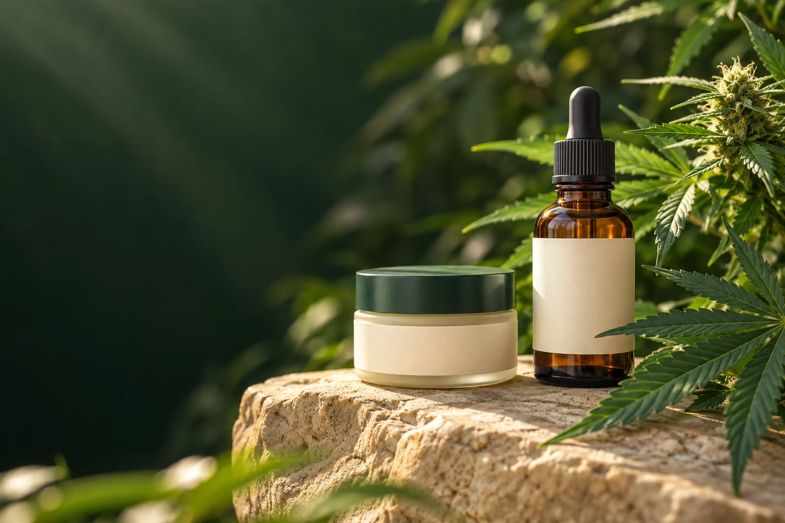 Frasco e pote ilustrativos de produtos à base de cannabis em cenário de estúdio