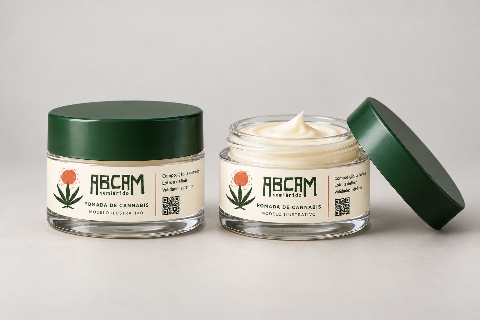 Modelo ilustrativo de potes de pomada de cannabis com rótulos demonstrativos ABCAM